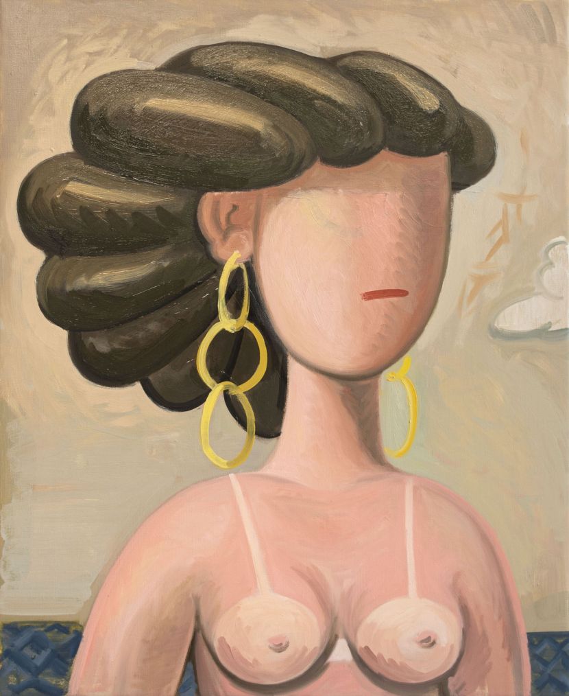 The image shows th e portrait of a woman's torso in front of the sea. Femme au bord de la mere, 2022, oil on linen, 61 x 50 cm