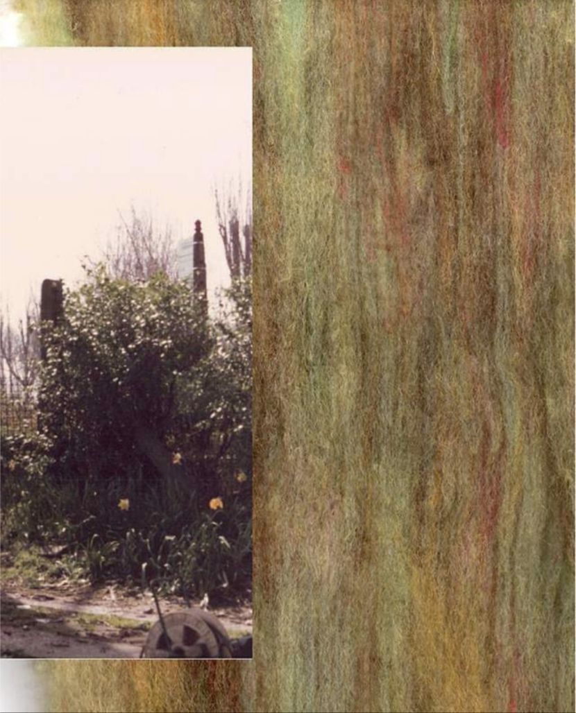 Portion of an old photograph overlayed onto a sheet of brushed out yarn fibres, which have been dyed and blended to mirror the colour pallette in the photograph.