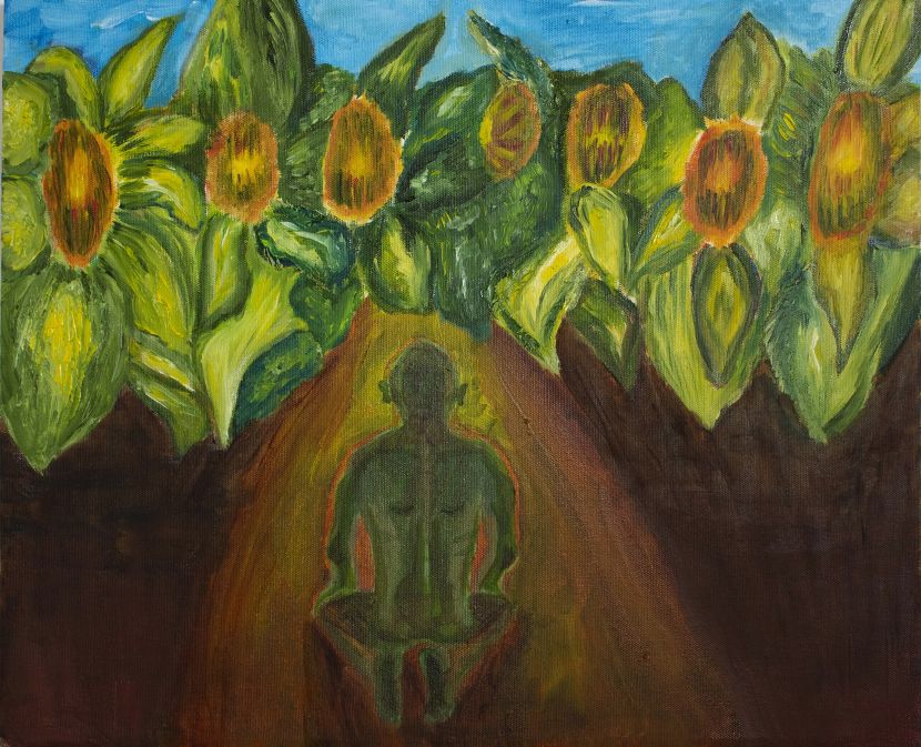 "Solace", a green man sitting in a field full of plants 