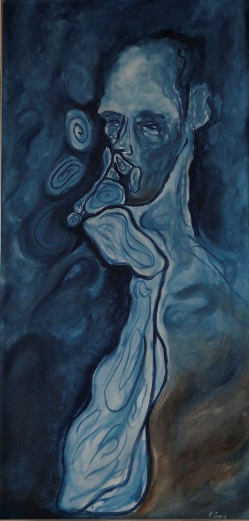 Epimetheus (2001) oil on canvas, 50x100.The work represents the thinker Epimetheus portrayed posing reflectively to indicate the introspective character. The swirling brushstrokes give freshness and airiness to the work and symbolize the thoughts that, escaping from the body, propagate in the surrounding atmosphere, forming spiral motifs and smoke circles, allusion of the prescient spirit and the innate wisdom of the titan. 