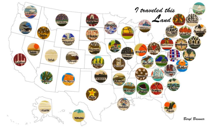 I Traveled This Land is the largest piece that I have ever made. I have traveled to all 50 of the United States of America and decided to translate my impressions of each state into a visual piece of fused glass. I had a lot of fun traveling through my country and a lot of fun making the piece.