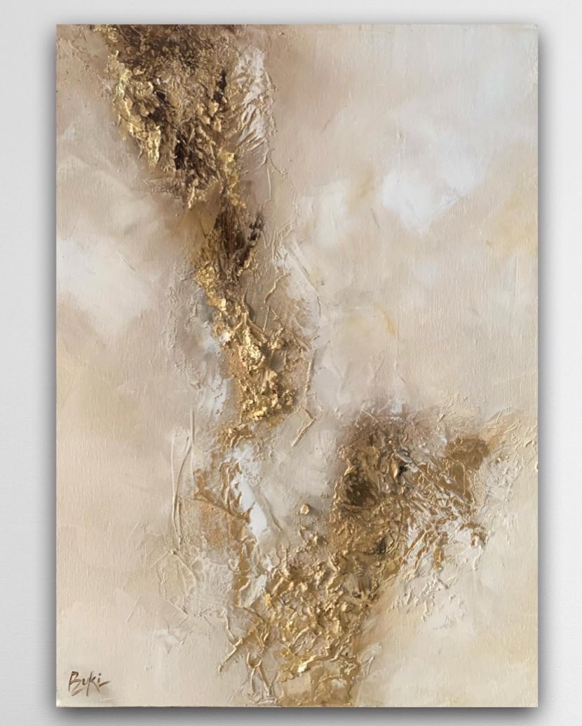 Mixed media abstract artwork on oils and gold pigment with texture & gold leaf. 