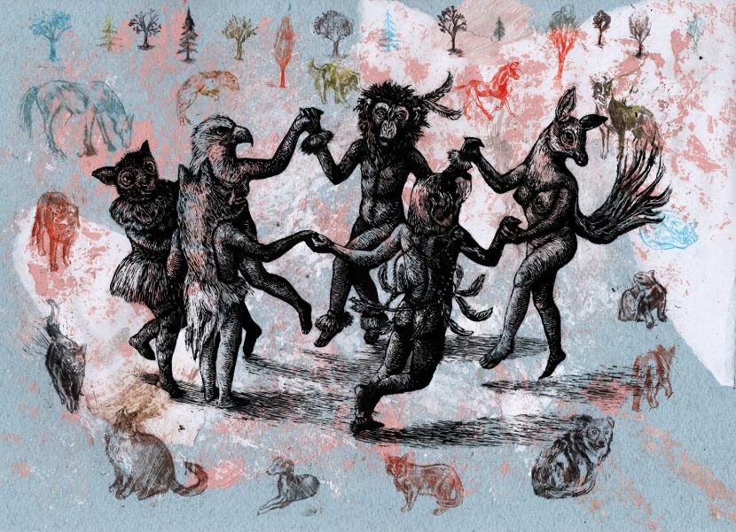 This painting was born after research on traditional dances and masks of various cultures, and from the images in the book Monstrorum Historia  by Ulisse Aldrovandi. The technique is mixed between scratchboard, monotype and digital