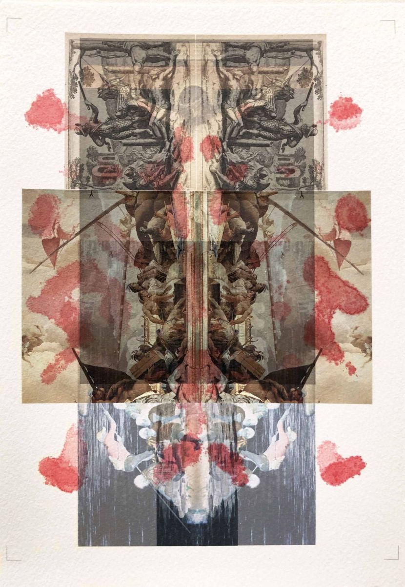 This work is made up of somewhat translucent layered images in a form reminiscent of a Rorschach ink blob which visually connects the hypocritically justified brutal conquest of Latin America with its resulting power disruption/ displacement of communities and an ongoing migration crisis.