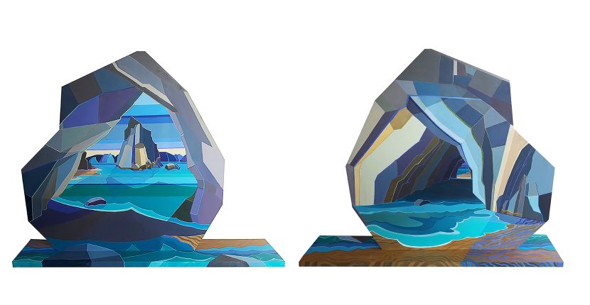 This cave is based on Cathedral Cove in New Zealand which basically has a tunnel through it. My work is all based on location as I like to start creating a structure based on the environment. I choose my locations in relation to the inner meaning I want to express. On one side you look into the cave and the reverse side you are inside the cave looking out. It is a metaphor for the relationship we have with ourselves and the world.