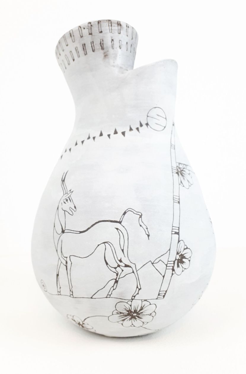 Capri Mundi Vessel - black stoneware vessel with porcelain sgraffito design of two stylised wild goats