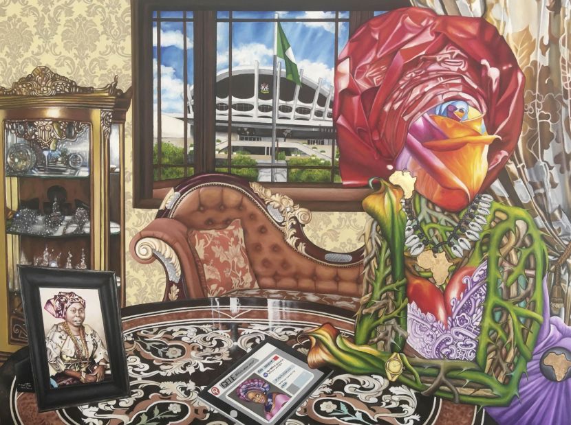 GELE (Africans' Head Wrap): Vintage and Modern - Gele is the headpiece usually worn by women across Africa for day-to-day activities and special occasions. The Nigerian National Theatre building, one of the noticeable landmarks in Lagos, Nigeria, where Gele is popularly worn is in the background of this painting.
