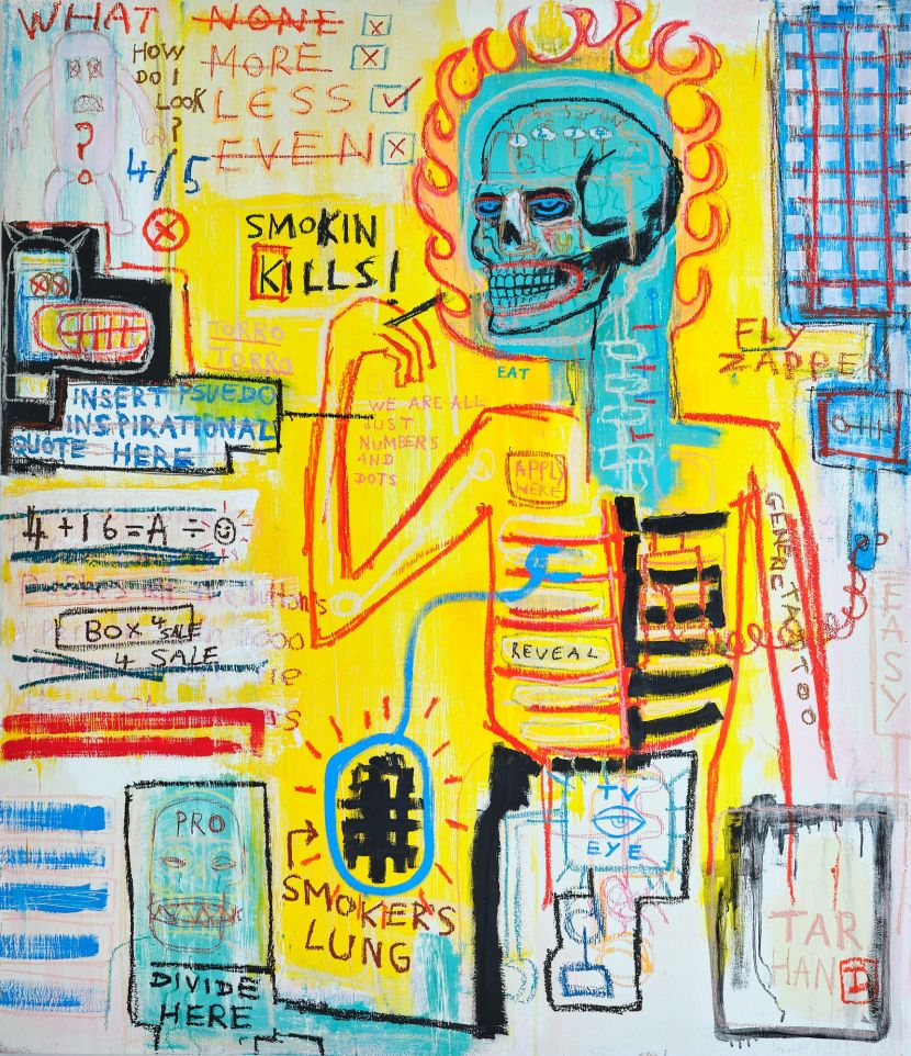 Man Accidently Sets Own Head On Fire With A Cigarette. Oils, Acrylics, Oil Sticks, Oil Pastels on Wood Panel. 48 inches x 48 Inches