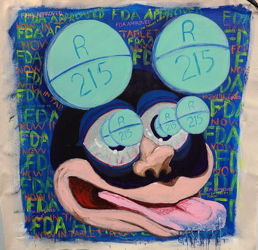 acrylic painting on unstretched canvas. Depicts a being addicted to opioids. the being is shaped like mickey mouse, with pills for ears